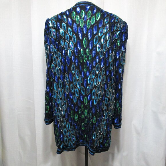 Vintage Sequin Embellished Peacock Jacket Art Deco Blue Green Purple - Picture 5 of 11